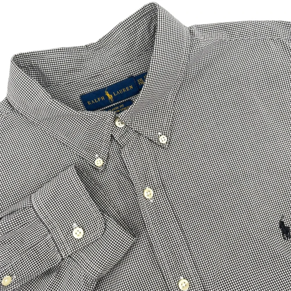 Ralph Lauren Mens XXL Classic Fit Gingham Button Down Shirt Black White Stretch